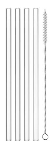 Vier Glasstrohhalme und eine Reinigungsbürste, frontal abgebildet.