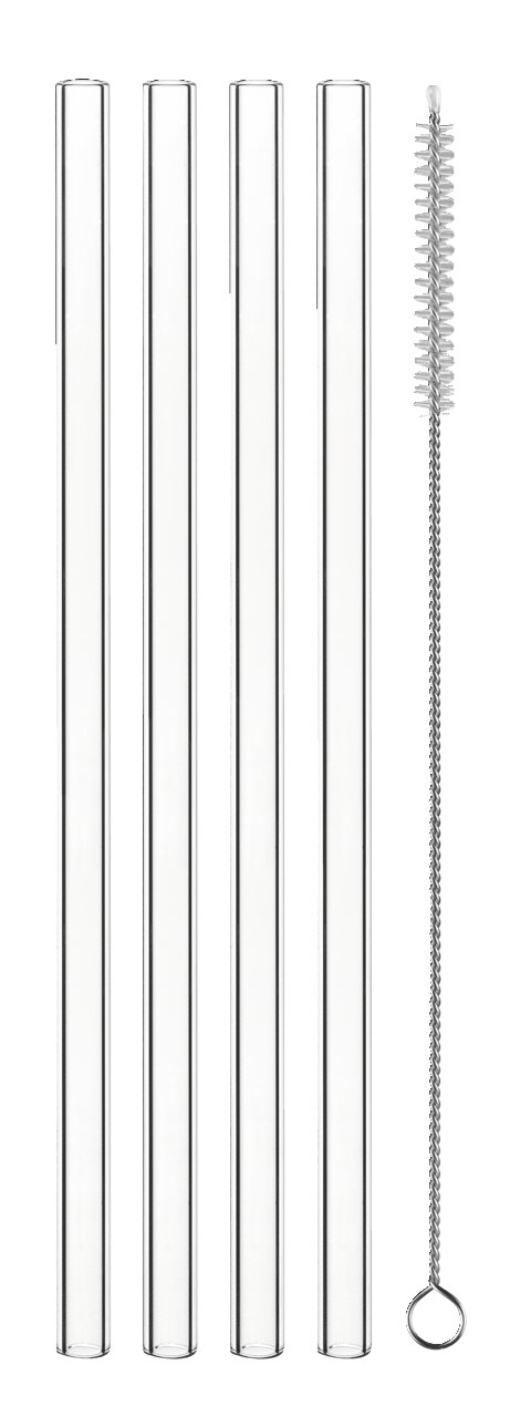 Vier Glasstrohhalme und eine Reinigungsbürste, frontal abgebildet.