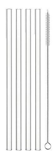 Vier Glasstrohhalme und eine Reinigungsbürste, frontal abgebildet.