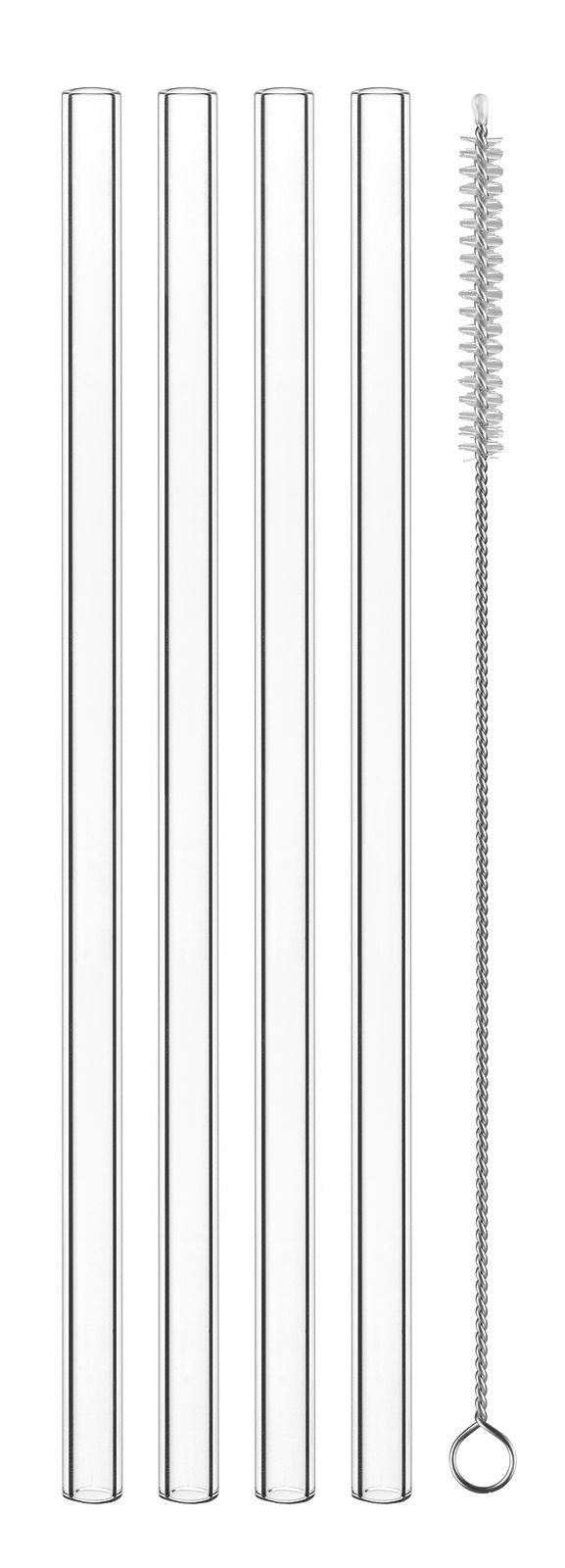 Vier Glasstrohhalme und eine Reinigungsbürste, frontal abgebildet.