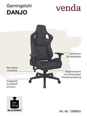 Gamingstuhl DANJO in schwarzem Design mit 3D-verstellbaren Armlehnen, höhenverstellbarem Sitz und Wippmechanik, seitliche Perspektive