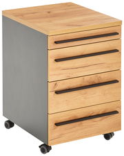 Rollcontainer mit vier Schubladen in Holzoptik und seitlichen grauen Elementen, auf Rollen, perspektivisch von vorne links fotografiert.