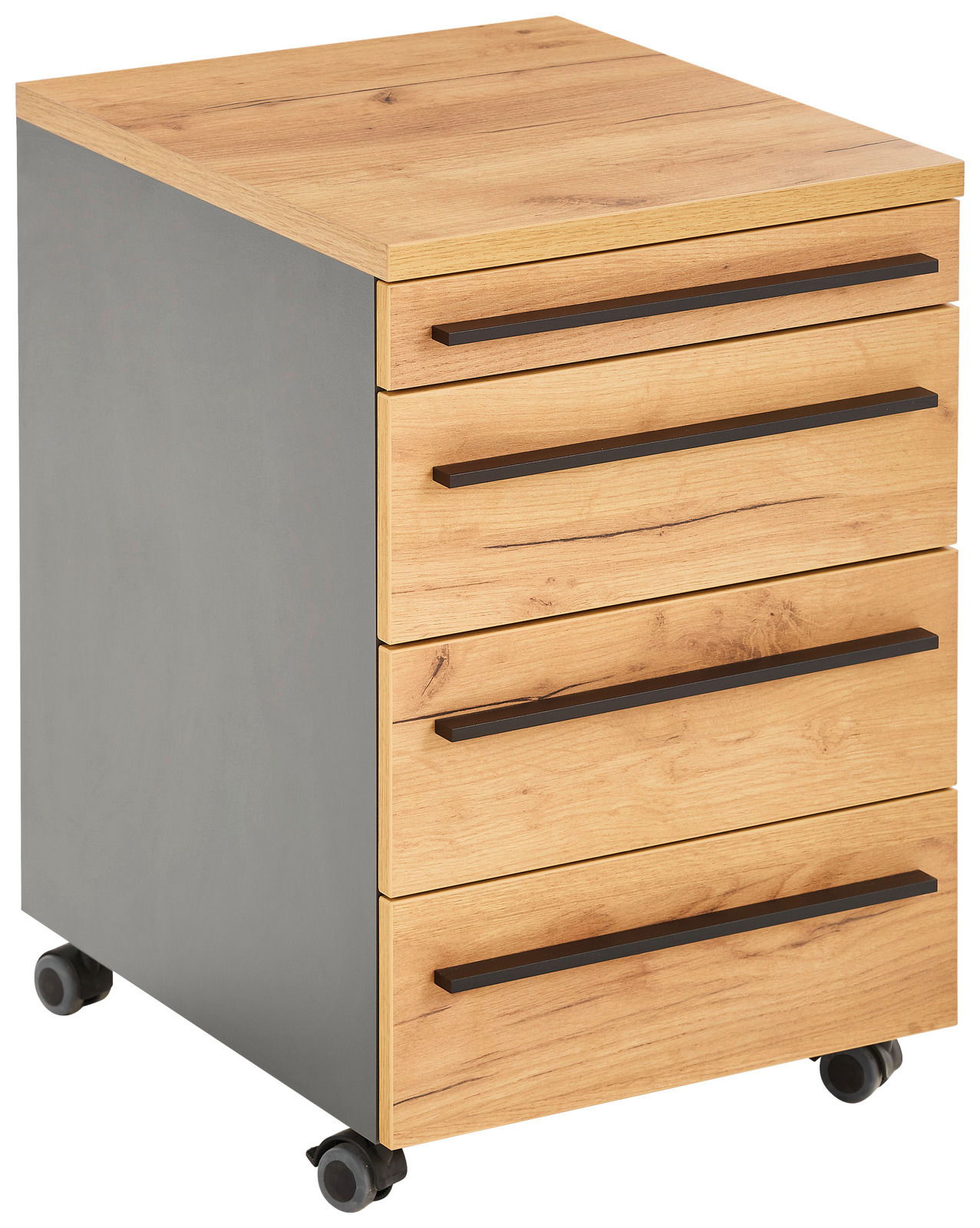 Novel Rollcontainer RENTON Rollcontainer mit vier Schubladen in Holzoptik und seitlichen grauen Elementen, auf Rollen, perspektivisch von vorne links fotografiert.