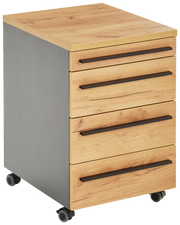 Rollcontainer mit vier Schubladen in Holzoptik und seitlichen grauen Elementen, auf Rollen, perspektivisch von vorne links fotografiert.