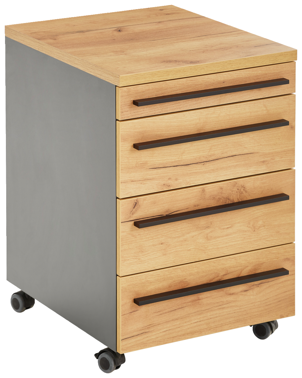 Rollcontainer mit vier Schubladen in Holzoptik und seitlichen grauen Elementen, auf Rollen, perspektivisch von vorne links fotografiert.