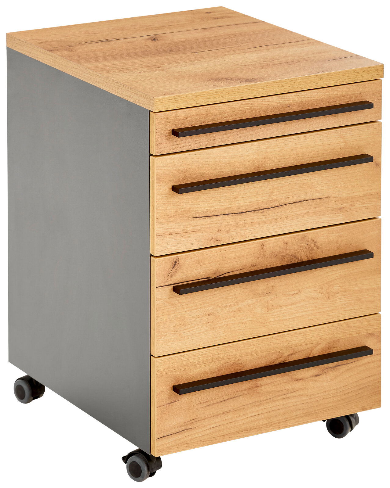 Novel Rollcontainer RENTON Rollcontainer mit vier Schubladen in Holzoptik und seitlichen grauen Elementen, auf Rollen, perspektivisch von vorne links fotografiert.