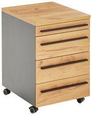 Rollcontainer mit vier Schubladen in Holzoptik und seitlichen grauen Elementen, auf Rollen, perspektivisch von vorne links fotografiert.