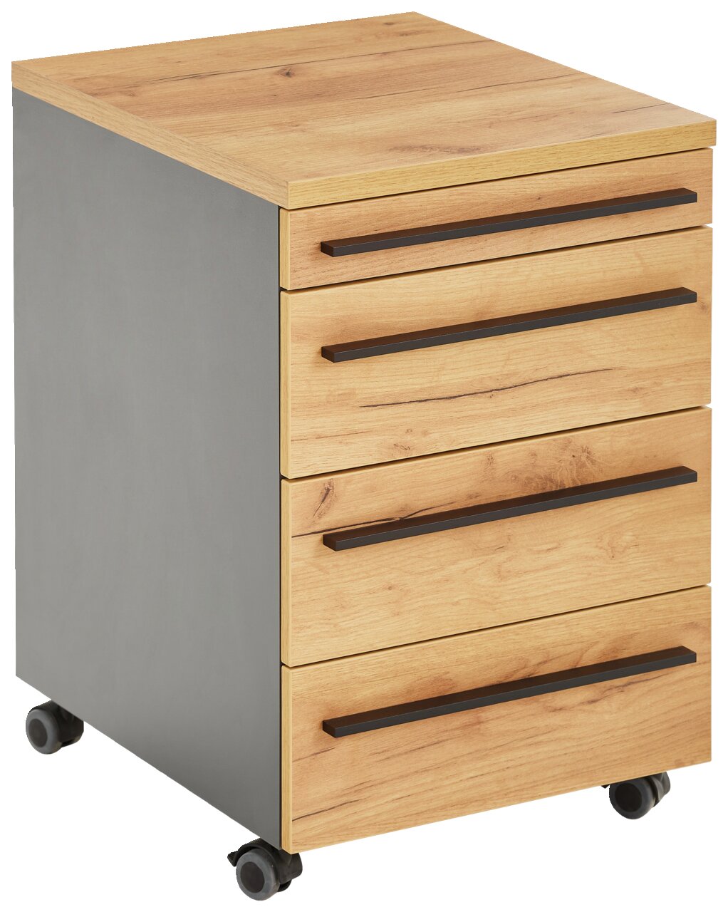 Rollcontainer mit vier Schubladen in Holzoptik und seitlichen grauen Elementen, auf Rollen, perspektivisch von vorne links fotografiert.