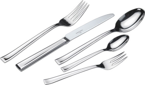 Villeroy & Boch Tafelbesteck 30tlg. VICTOR Set aus poliertem Edelstahlbesteck, bestehend aus Messer, Gabel, Löffel, Dessertgabel und Teelöffel, in schräger Perspektive angeordnet.