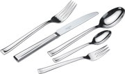 Set aus poliertem Edelstahlbesteck, bestehend aus Messer, Gabel, Löffel, Dessertgabel und Teelöffel, in schräger Perspektive angeordnet.