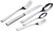 Set aus poliertem Edelstahlbesteck, bestehend aus Messer, Gabel, Löffel, Dessertgabel und Teelöffel, in schräger Perspektive angeordnet.