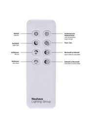 Fernbedienung für Deckenleuchte IVEN, Vorderansicht mit Tasten für An/Aus, Nachtlicht, Auf- und Abdimmen, Farbtemperaturwechsel und Timer.
