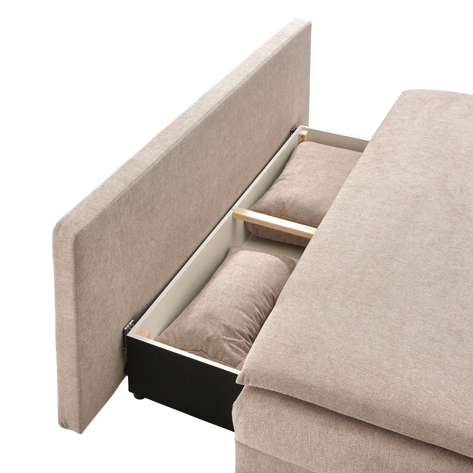 Funktionssofa mit geöffneter Aufbewahrungseinheit, seitliche Perspektive