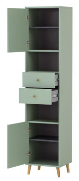 Hochschrank in hellem Grün mit offenen Türen und Schubladen, aus der Frontalperspektive fotografiert.