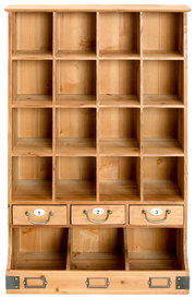 Holz-Wandregal mit 15 offenen Fächern und 3 nummerierten Schubladen, frontale Ansicht