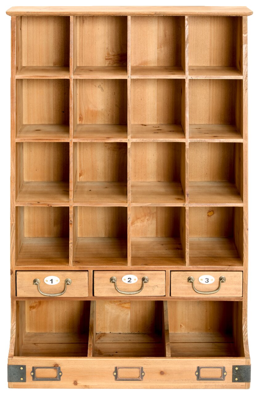 Holz-Wandregal mit 15 offenen Fächern und 3 nummerierten Schubladen, frontale Ansicht