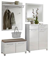 Modernes Garderoben-Set in Weiß mit Spiegel, Schuhschrank, Sitzbank und Hakenleiste, seitliche Perspektive