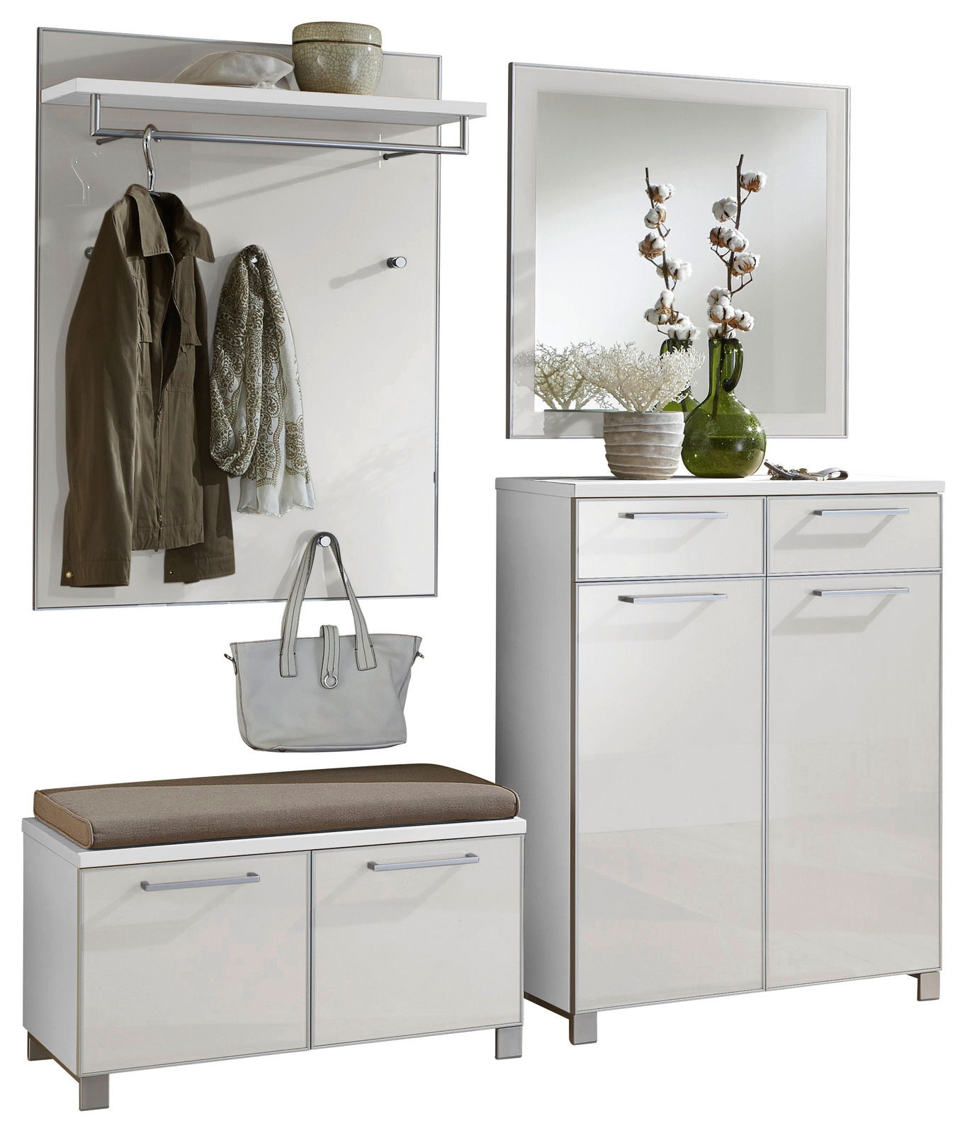 VOSS Garderoben-Set 5-tlg. SANTINA Modernes Garderoben-Set in Weiß mit Spiegel, Schuhschrank, Sitzbank und Hakenleiste, seitliche Perspektive