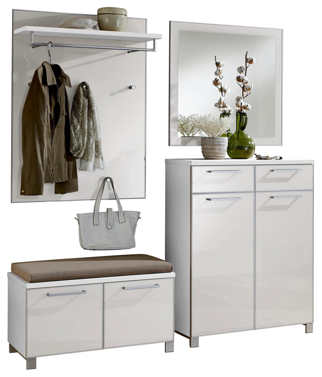 VOSS Garderoben-Set 5-tlg. SANTINA Modernes Garderoben-Set in Weiß mit Spiegel, Schuhschrank, Sitzbank und Hakenleiste, seitliche Perspektive