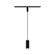Schwarze, minimalistische Pendelleuchte mit geriffeltem zylindrischem Lampenschirm und langem Kabel an flacher Deckenhalterung, frontale Ansicht.