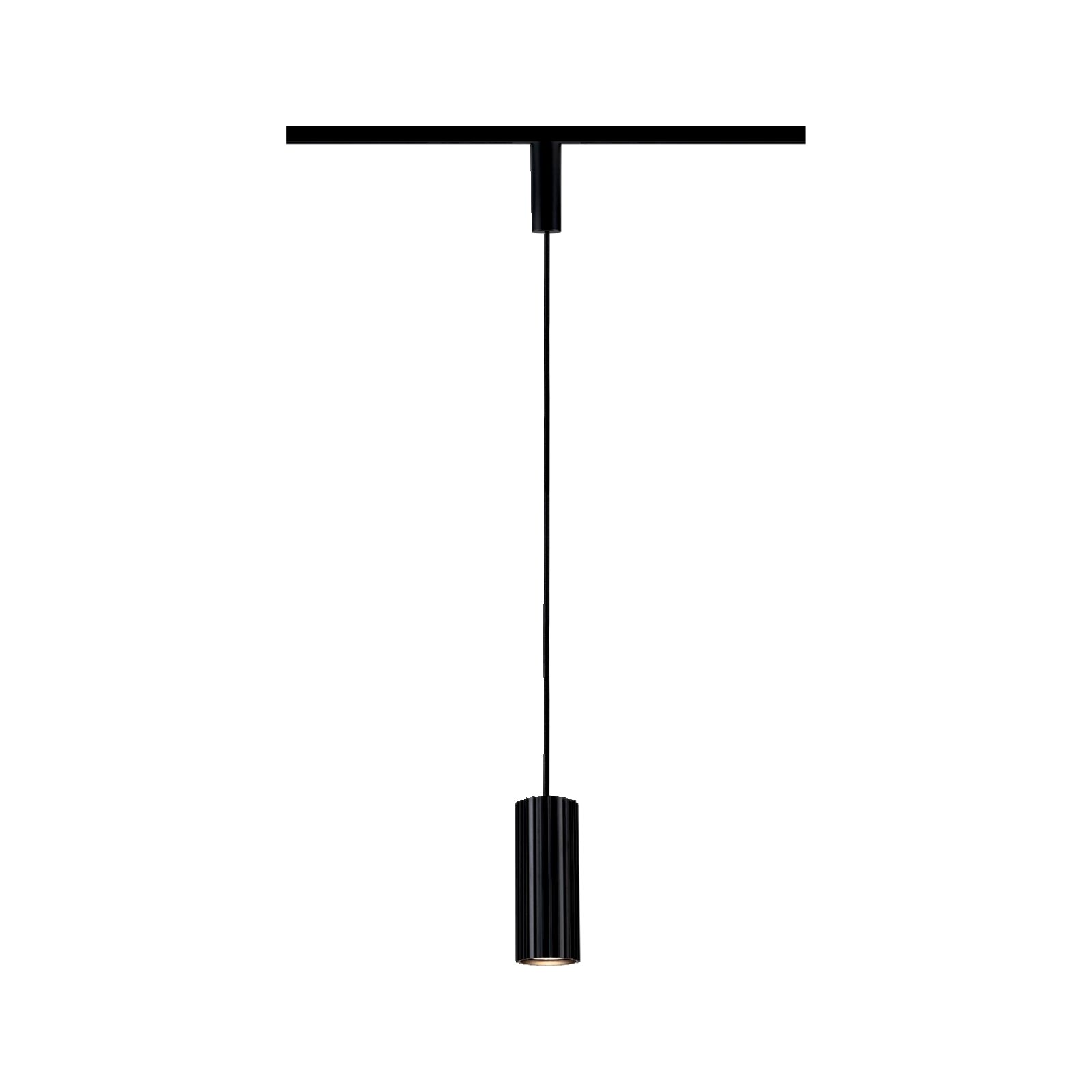Schwarze, minimalistische Pendelleuchte mit geriffeltem zylindrischem Lampenschirm und langem Kabel an flacher Deckenhalterung, frontale Ansicht.