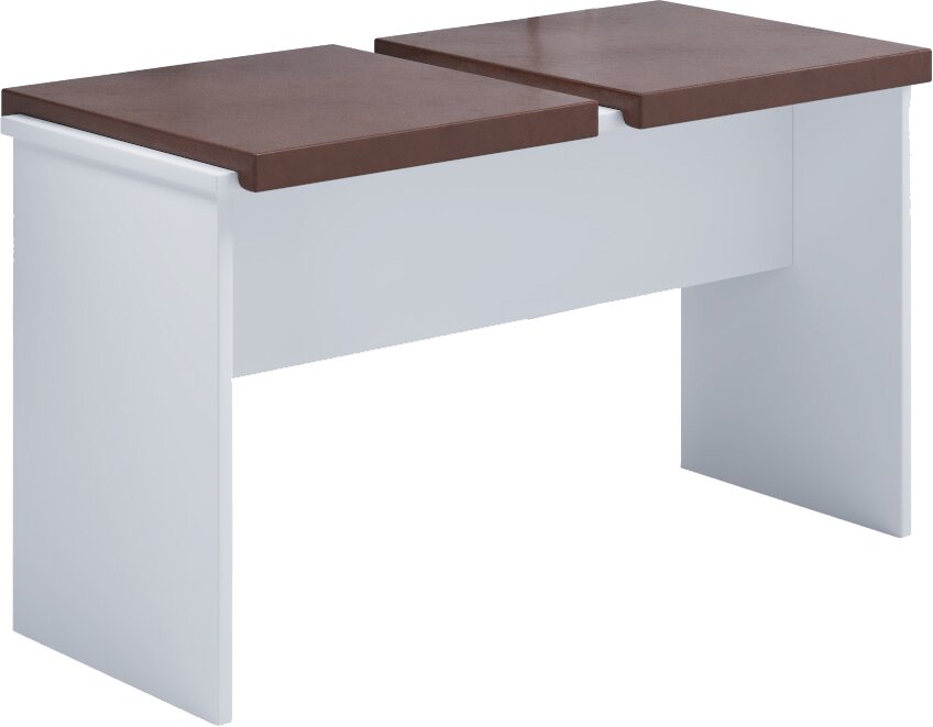 Weißer Konsolentisch/Schreibtisch mit zwei dunkelbraunen Holzplatten, freigestellt, Perspektive: schräg von vorn oben