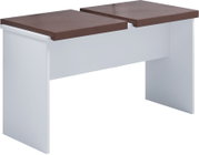 Weißer Konsolentisch/Schreibtisch mit zwei dunkelbraunen Holzplatten, freigestellt, Perspektive: schräg von vorn oben