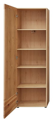 Offener Garderobenschrank aus Holz mit drei Einlegeböden, Perspektive von vorne.