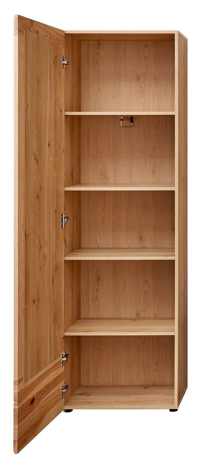 Offener Garderobenschrank aus Holz mit drei Einlegeböden, Perspektive von vorne.