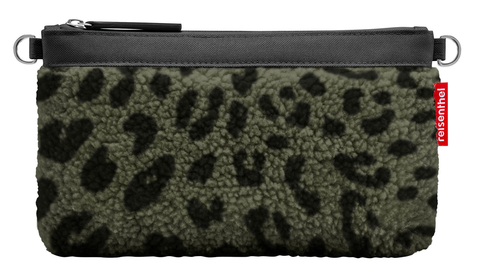 Mini-Pouch mit schwarzem Reißverschluss und Leopardenmuster aus weichem Material, Vorderansicht