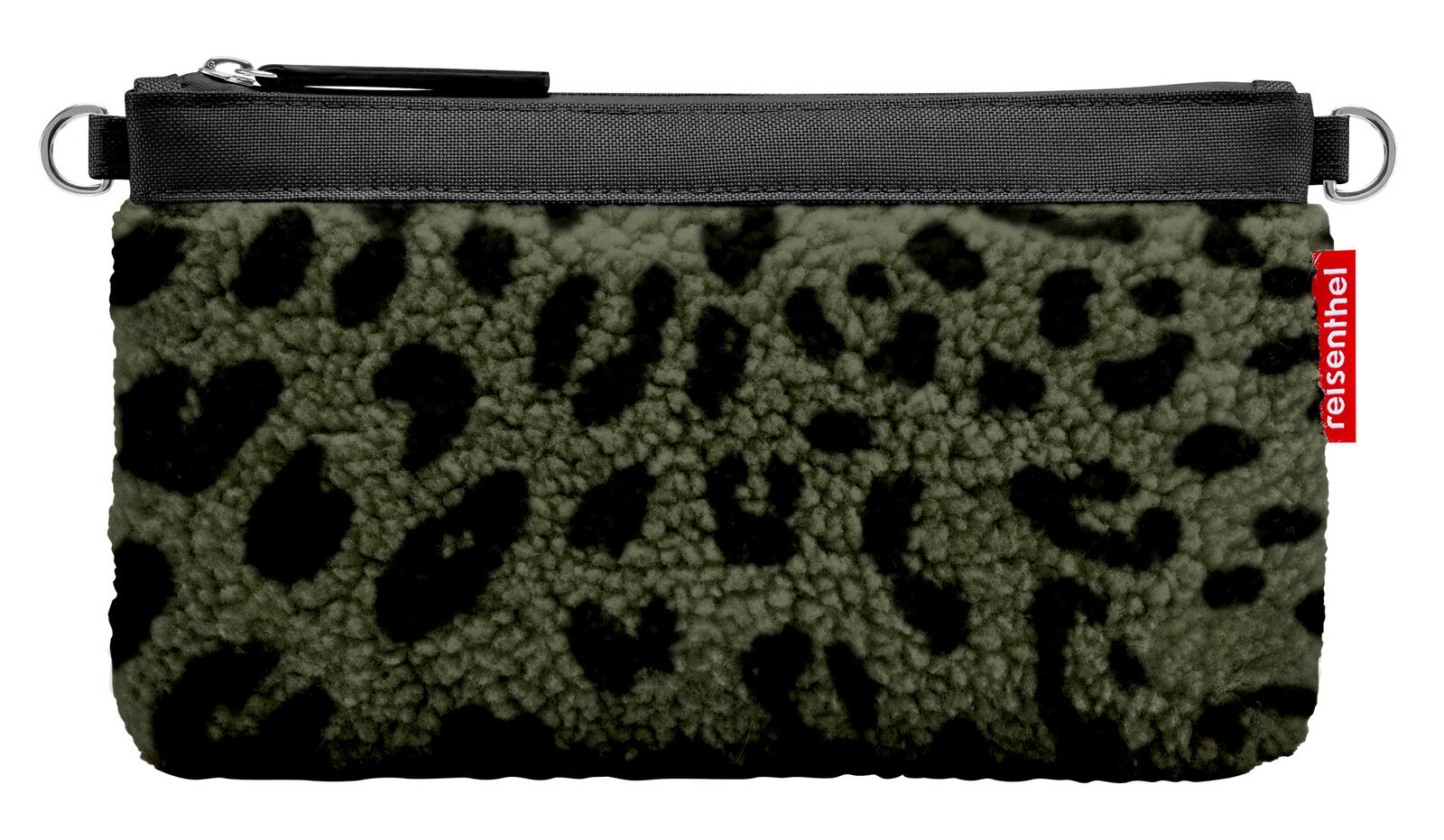 Mini-Pouch mit schwarzem Reißverschluss und Leopardenmuster aus weichem Material, Vorderansicht