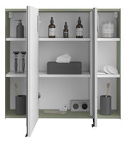 Geöffneter Spiegelschrank mit zwei Türen, gefüllt mit Pflegeprodukten und Zahnbürsten, aus frontaler Perspektive.