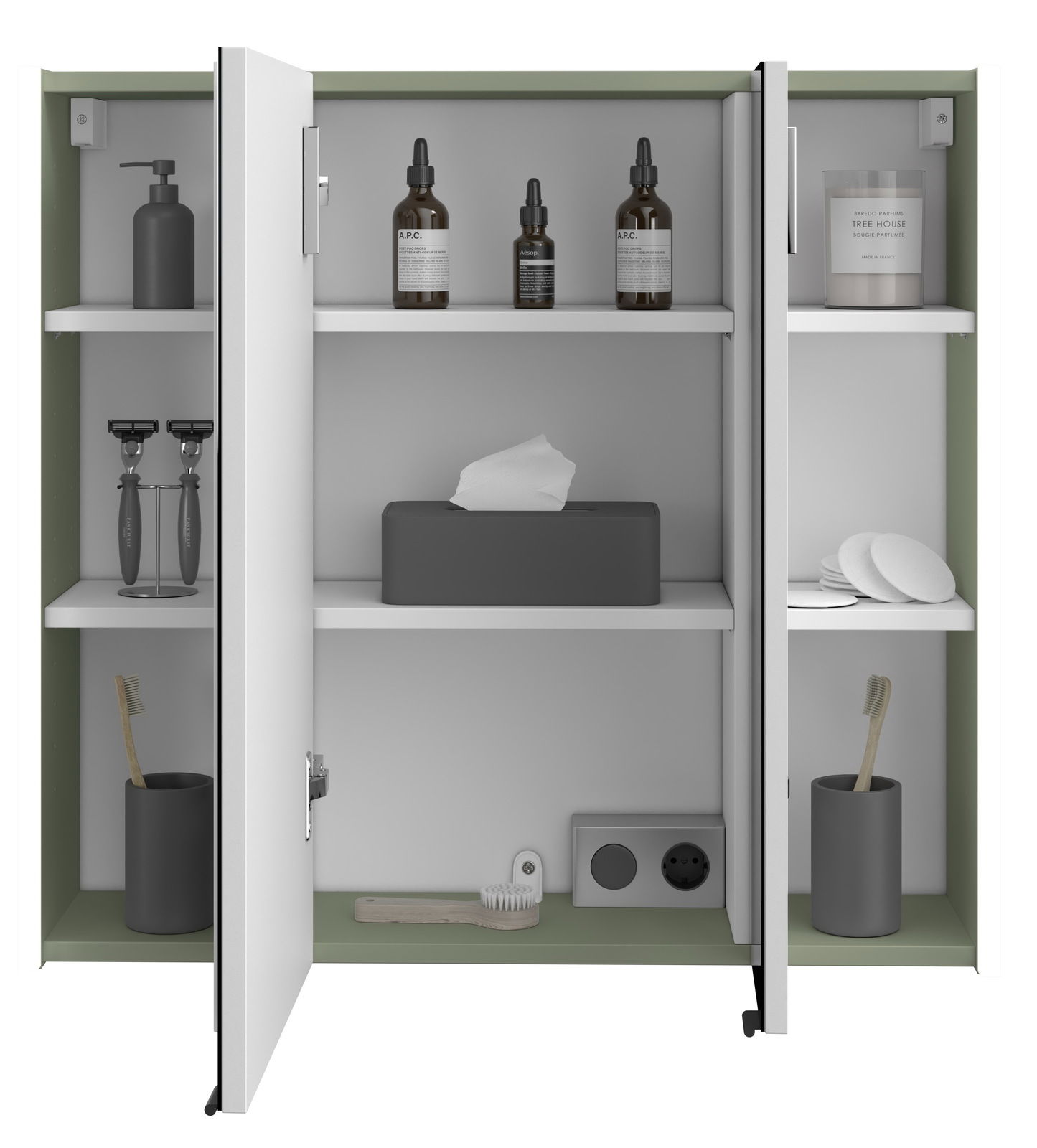 Geöffneter Spiegelschrank mit zwei Türen, gefüllt mit Pflegeprodukten und Zahnbürsten, aus frontaler Perspektive.