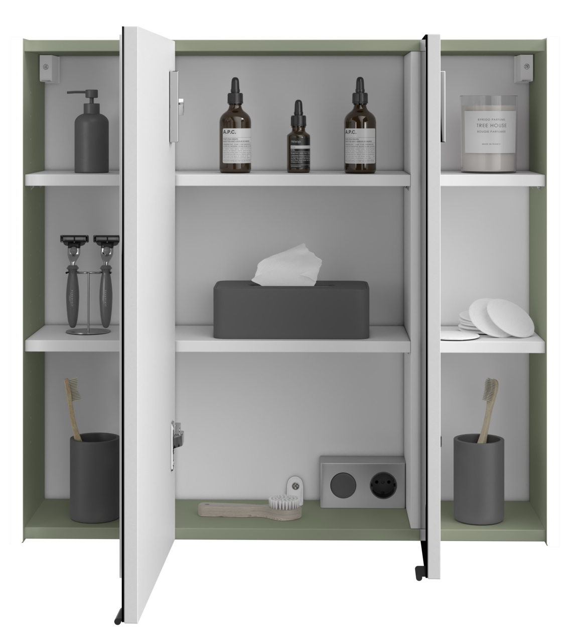 Geöffneter Spiegelschrank mit zwei Türen, gefüllt mit Pflegeprodukten und Zahnbürsten, aus frontaler Perspektive.