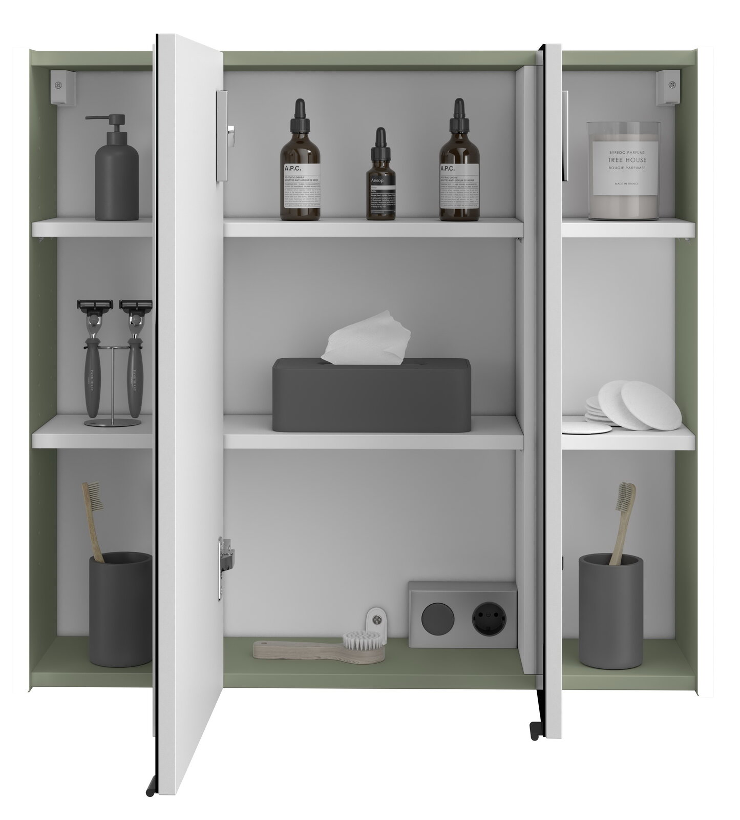 XORA Spiegelschrank ITALLO Geöffneter Spiegelschrank mit zwei Türen, gefüllt mit Pflegeprodukten und Zahnbürsten, aus frontaler Perspektive.