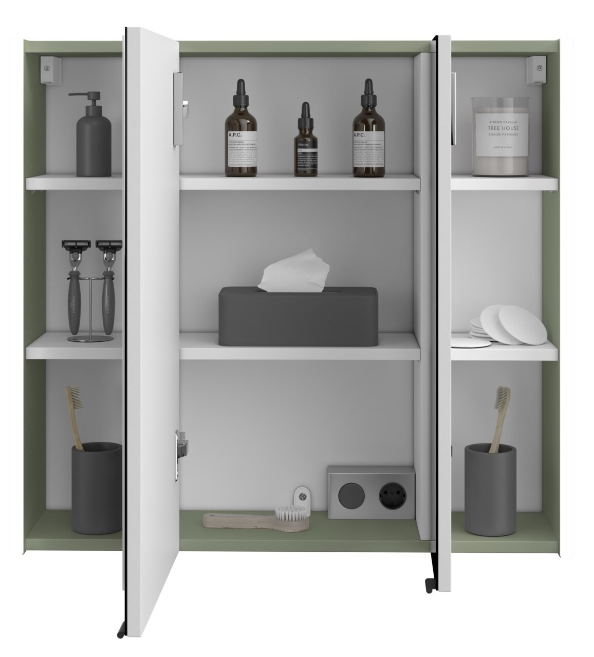 Geöffneter Spiegelschrank mit zwei Türen, gefüllt mit Pflegeprodukten und Zahnbürsten, aus frontaler Perspektive.