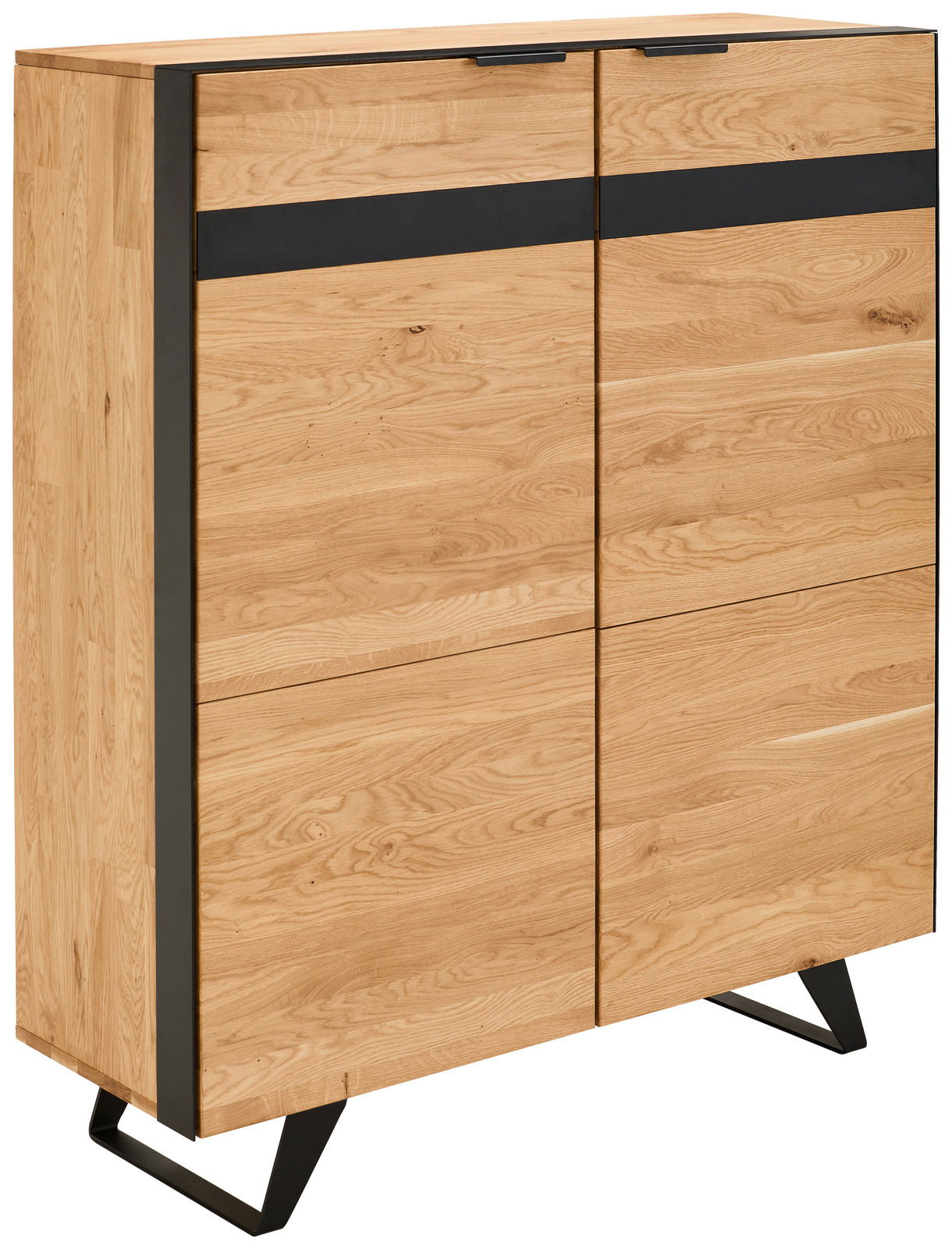 Hochwertiges Highboard aus Holz mit schwarzem Akzentstreifen, seitliche Perspektive