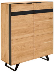 Hoogwaardig houten highboard met zwarte sierstreep, zijaanzicht