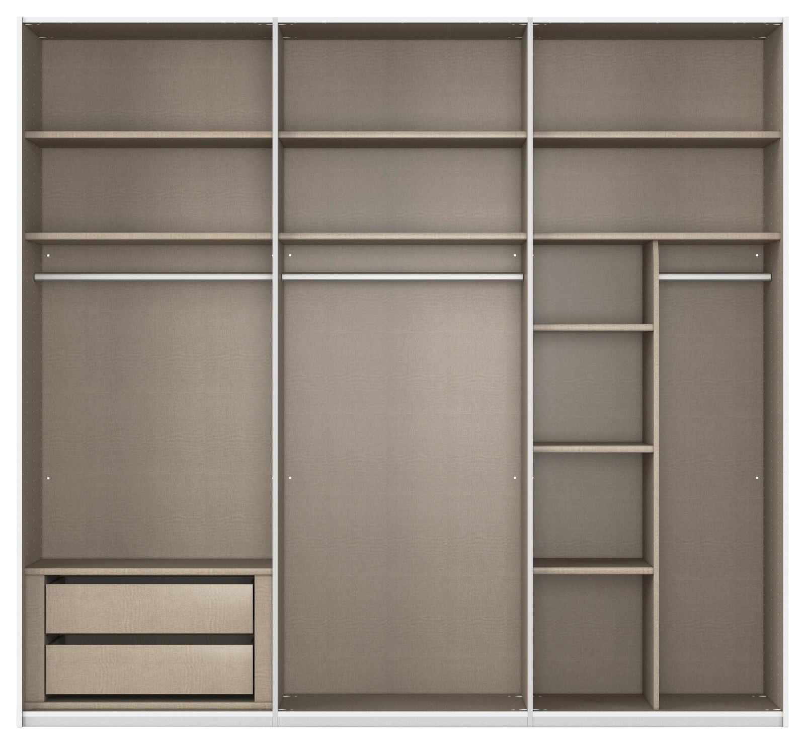 Frontale Ansicht eines Schwebetürenschranks mit mehreren Regalfächern, Kleiderstangen und Schubladen in einem modernen Design.