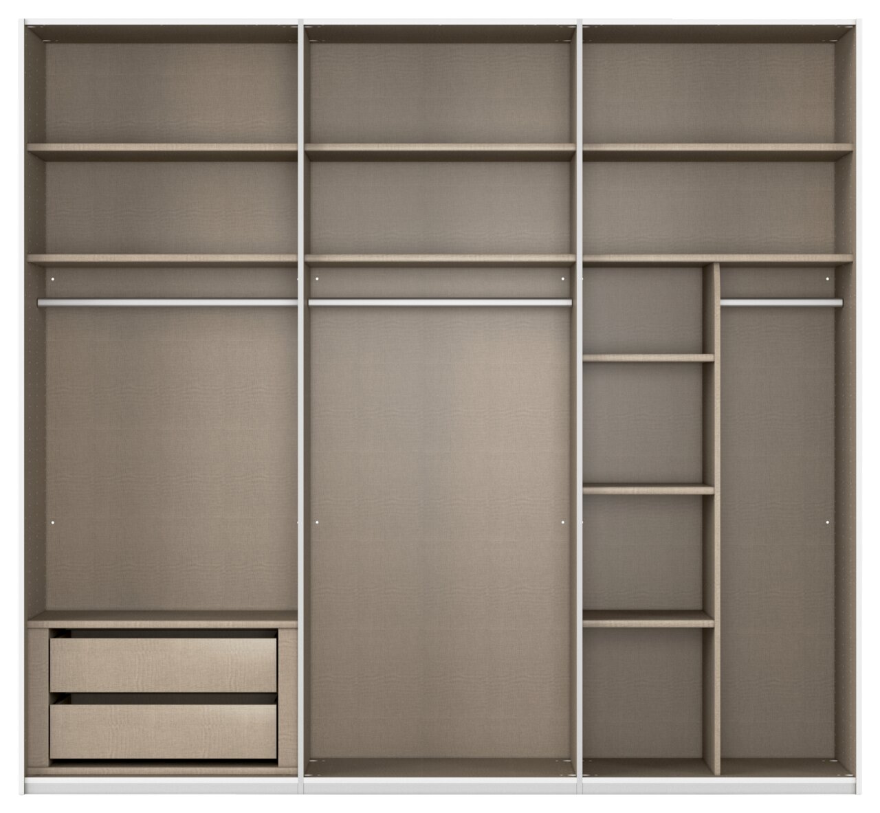 Frontale Ansicht eines Schwebetürenschranks mit mehreren Regalfächern, Kleiderstangen und Schubladen in einem modernen Design.