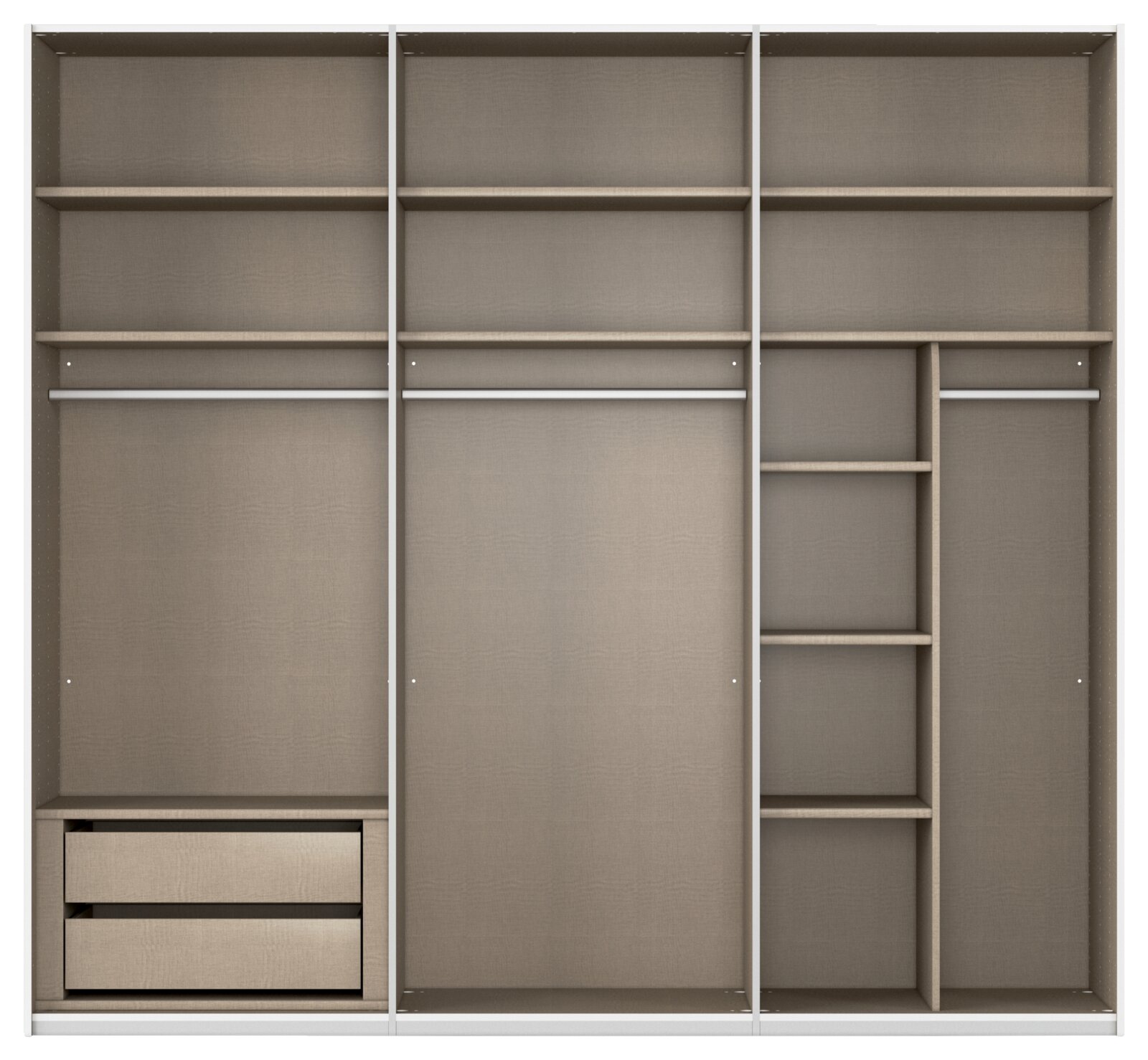 Frontale Ansicht eines Schwebetürenschranks mit mehreren Regalfächern, Kleiderstangen und Schubladen in einem modernen Design.