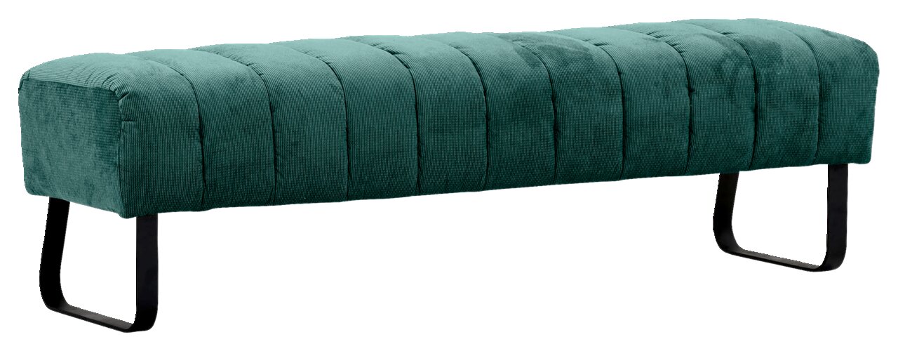 Grüne 2er-Sitzbank mit gepolstertem Stoffbezug und schwarzen Metallbeinen, seitliche Perspektive