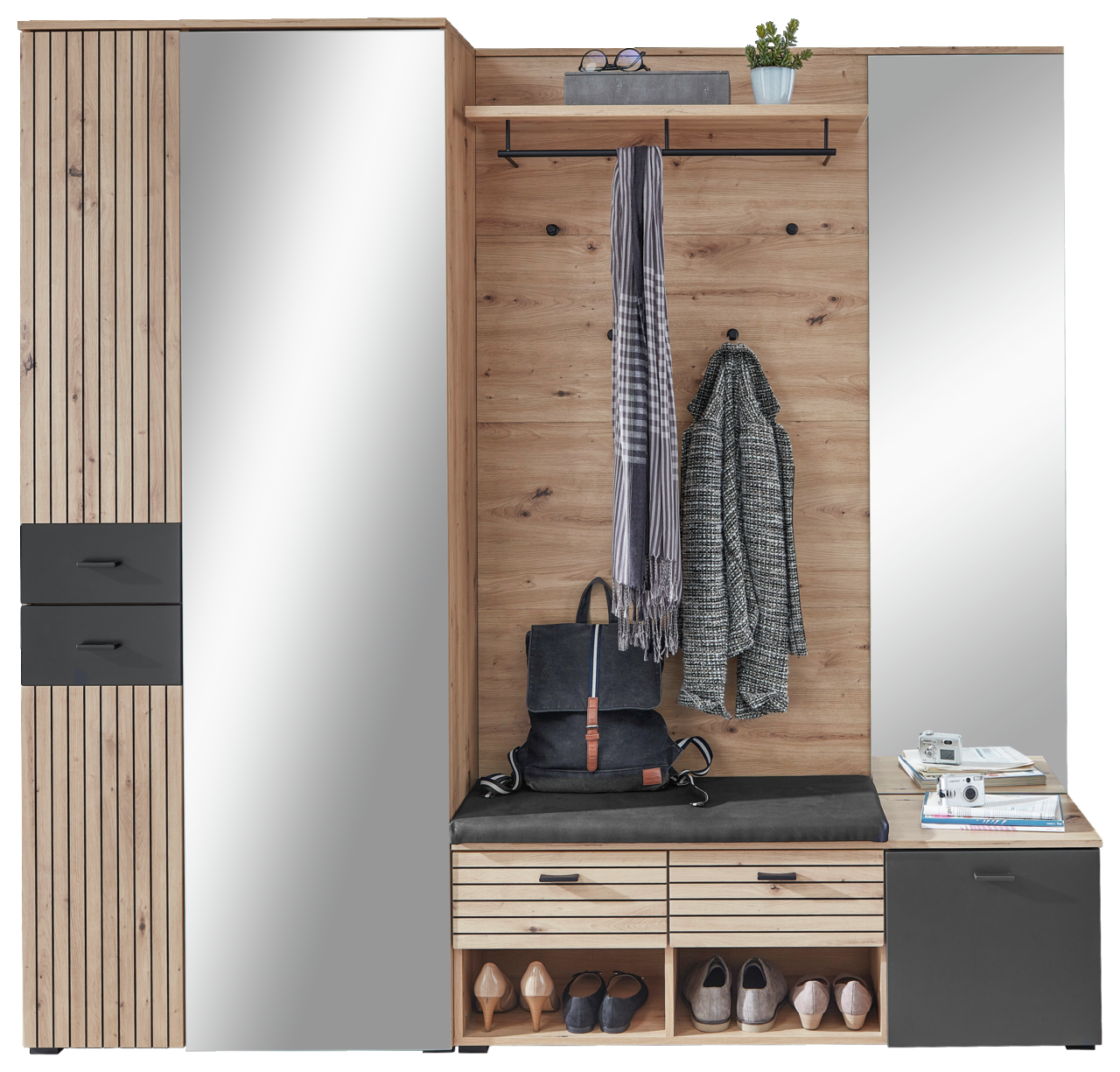 Garderoben-Set BUFFALO von Voleo in Frontalansicht mit Spiegel, Kleiderhaken, Sitzbank und Schuhablage.