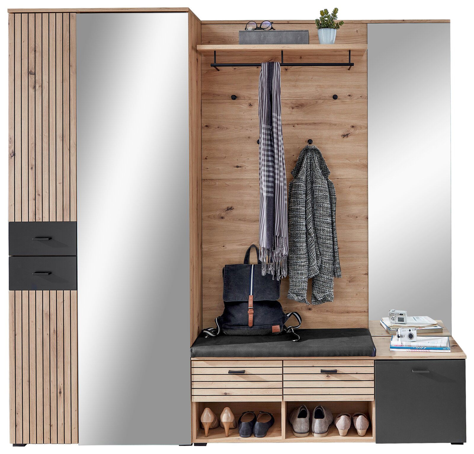 Voleo Garderoben-Set BUFFALO Garderoben-Set BUFFALO von Voleo in Frontalansicht mit Spiegel, Kleiderhaken, Sitzbank und Schuhablage.