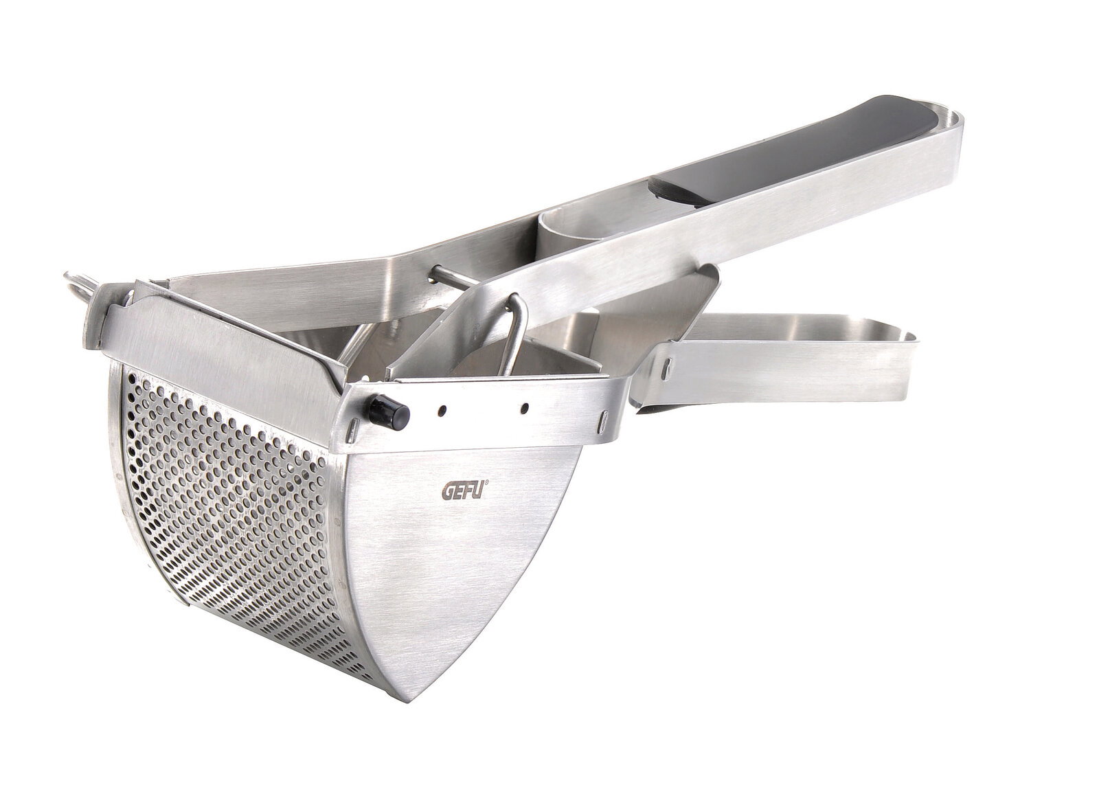 Kartoffelpresse aus Edelstahl in seitlicher Perspektive