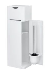 Weiße 6-in-1 Stand WC-Garnitur Imon mit geöffneter Tür, die eine Toilettenbürste zeigt, aus frontaler Perspektive.