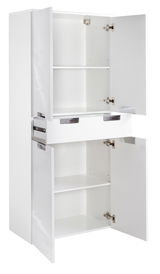 Weißer Hochschrank mit geöffneten Türen und Schublade, Frontalansicht