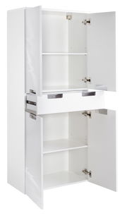 Weißer Hochschrank mit geöffneten Türen und Schublade, Frontalansicht