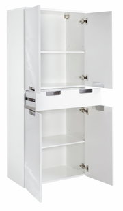 Weißer Hochschrank mit geöffneten Türen und Schublade, Frontalansicht