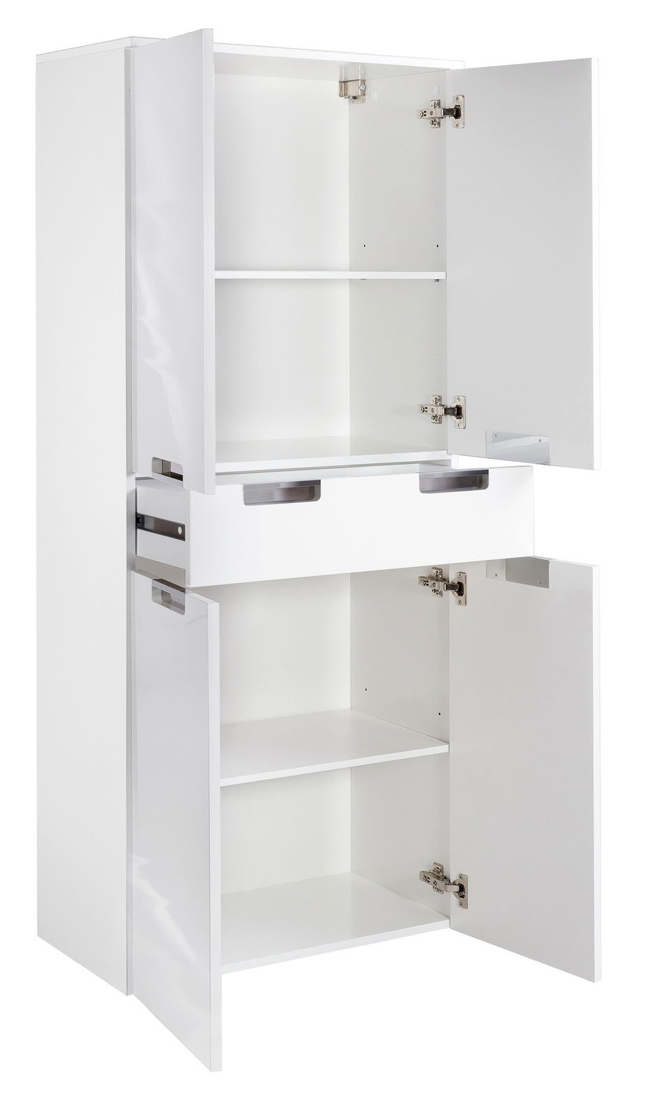 Weißer Hochschrank mit geöffneten Türen und Schublade, Frontalansicht